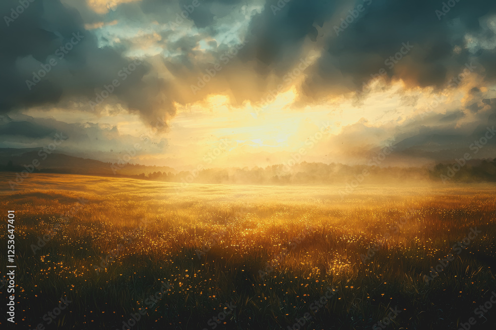Obraz premium Field with sunlight shining through clouds over green grass landscape under blue sky