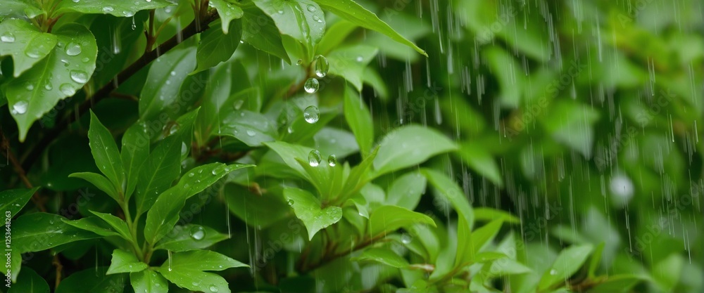 Obraz premium Delicate Raindrops Embracing Vibrant Greenery in a Spring Shower