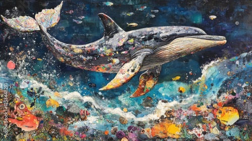 Witness the majesty of the ocean with dolphins gracefully jumping in the waves, colorful fish beneath the surface, and the tail of a giant whale soaring above the water in an epic display.