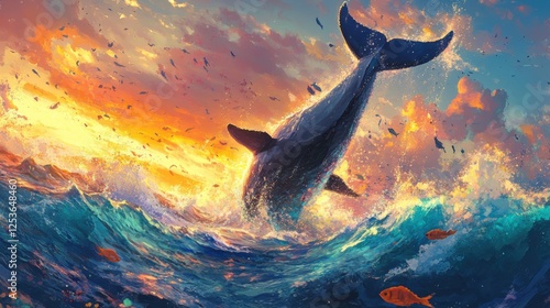 Witness the majesty of the ocean with dolphins gracefully jumping in the waves, colorful fish beneath the surface, and the tail of a giant whale soaring above the water in an epic display.