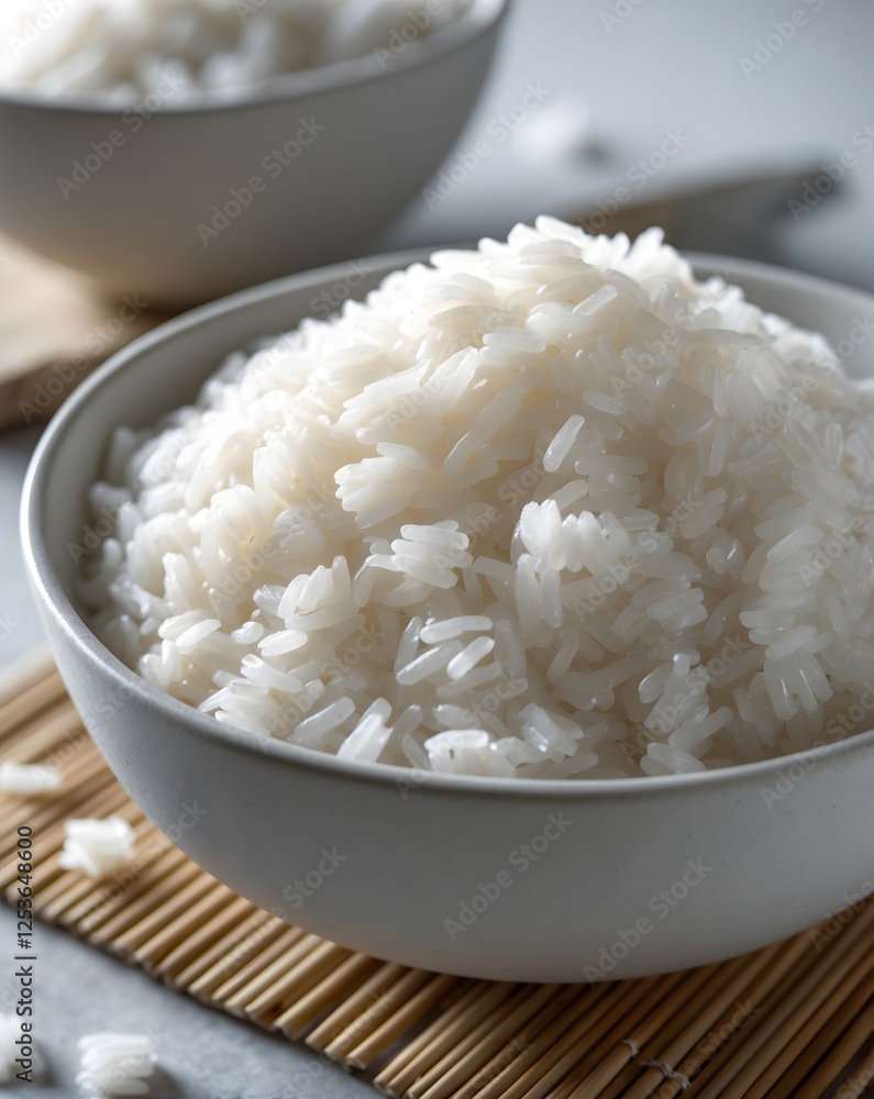 Boiled rice in grey bowl on kitchen table. AI Generative. Boiled rice in grey bowl on kitchen table. AI Generative.