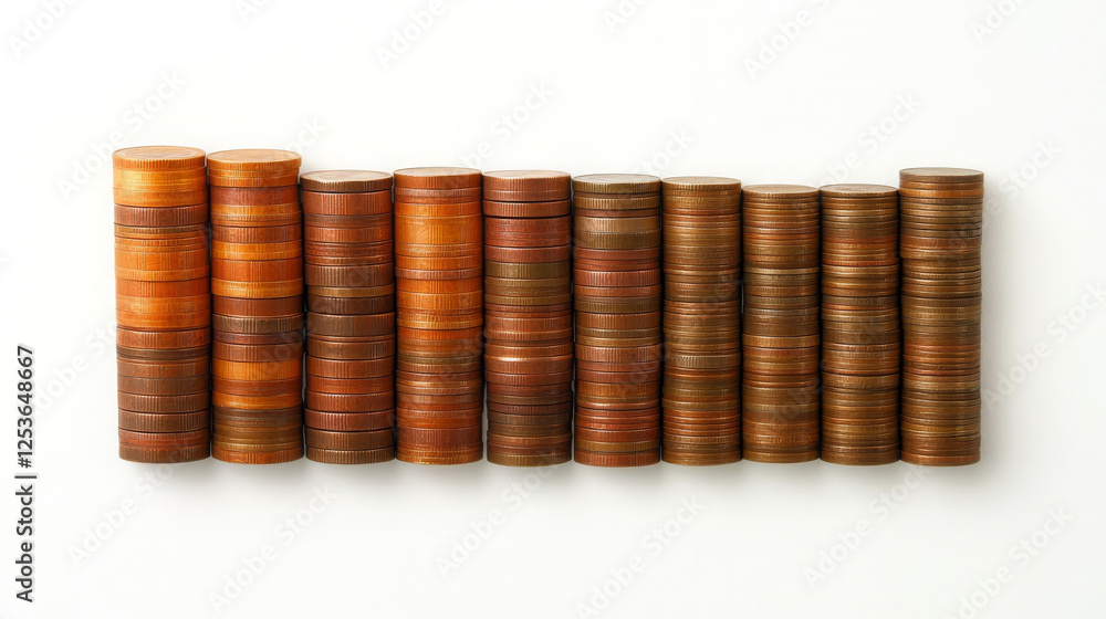 Stacks of coins arranged in row, showcasing various colors and heights, symbolizing wealth and finance. image evokes sense of organization and value Stacks of coins arranged in row, showcasing various colors and heights, symbolizing wealth and finance. image evokes sense of organization and value