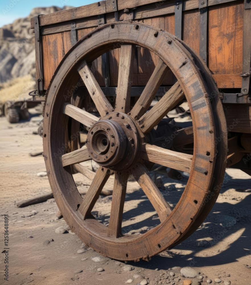Weathered wooden cart with rusty iron ore cart wheel and worn metal strapping bands , weathered wood, metal bands Weathered wooden cart with rusty iron ore cart wheel and worn metal strapping bands , weathered wood, metal bands