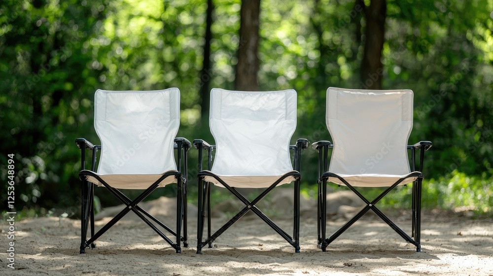 Three white folding chairs in a forest setting. Outdoors. Camping Three white folding chairs in a forest setting. Outdoors. Camping