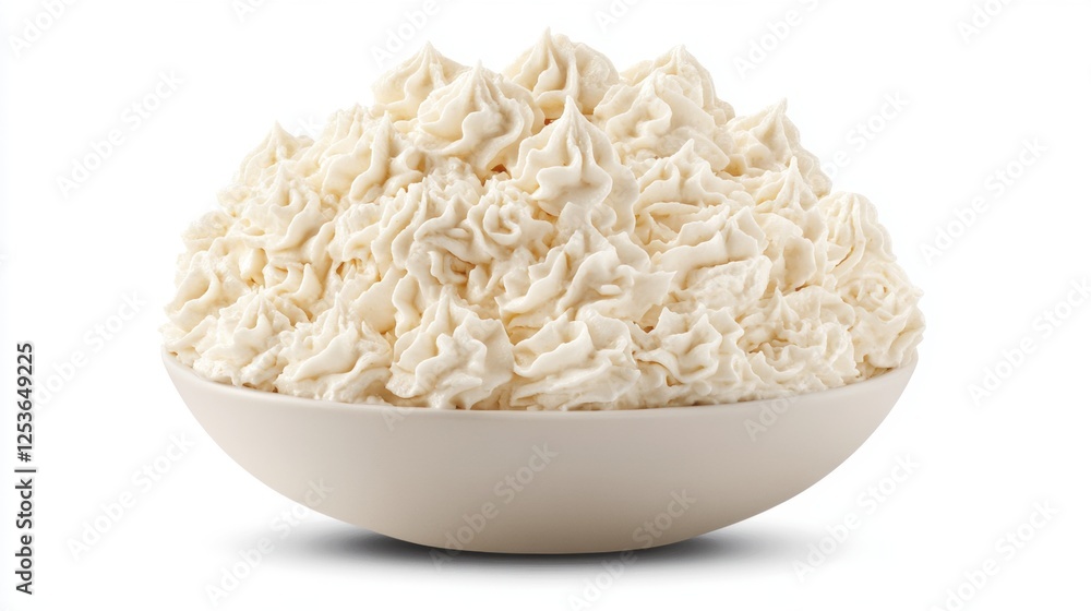 Generous Serving of Creamy Whipped Cream Piled High in a White Bowl on a Light Background Generous Serving of Creamy Whipped Cream Piled High in a White Bowl on a Light Background