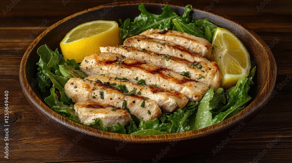 Grilled Chicken Slices Served on Fresh Salad with Lemon Wedges in a Wooden Bowl Grilled Chicken Slices Served on Fresh Salad with Lemon Wedges in a Wooden Bowl