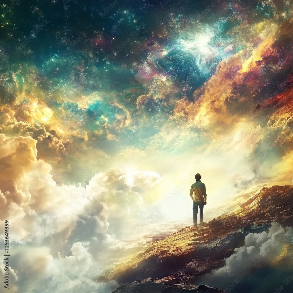 A Person Gazing At A Cloudy Sky Above The Horizon With Stars Above them A Person Gazing At A Cloudy Sky Above The Horizon With Stars Above them