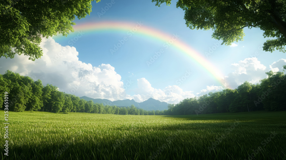 Naklejka premium serene outdoor scene featuring vibrant rainbow arching over lush green field, surrounded by trees and mountains in background, evokes sense of tranquility and beauty