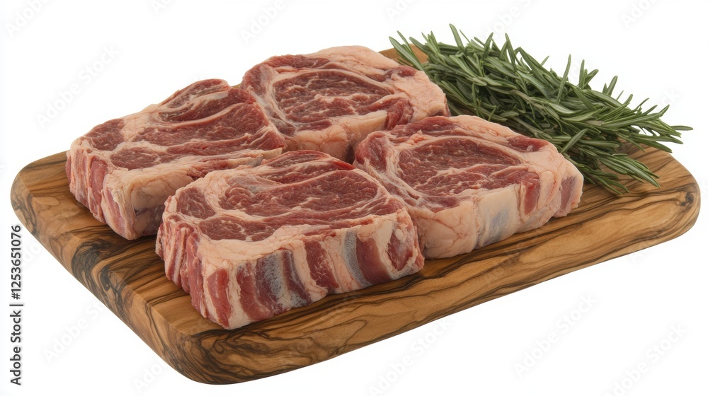 Raw Beef Chops with Fresh Rosemary on Wooden Cutting Board for Culinary Preparation Raw Beef Chops with Fresh Rosemary on Wooden Cutting Board for Culinary Preparation