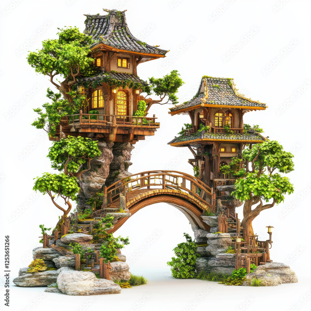 Fototapeta premium whimsical treehouse design featuring two elevated structures connected by bridge, surrounded by lush greenery and rocks, evoking sense of adventure and tranquility