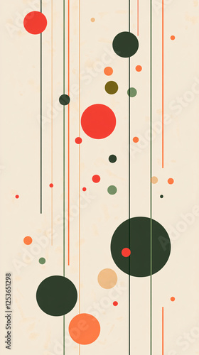 Minimalist vertical abstract design with red green and orange circles connected by thin vertical lines on a beige background artistic and modern
