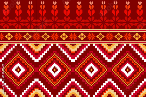 Pixel ethnic  pattern oriental traditional. Design fabric pattern textile African, Aztec African America Indian seamless. Floral pixel art pattern on navy background  vector illustration