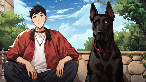 Man and His Dog: A captivating illustration of a man sitting beside his loyal German Shepherd, their gazes meeting under a bright blue sky, conveying a strong bond of companionship.   photo