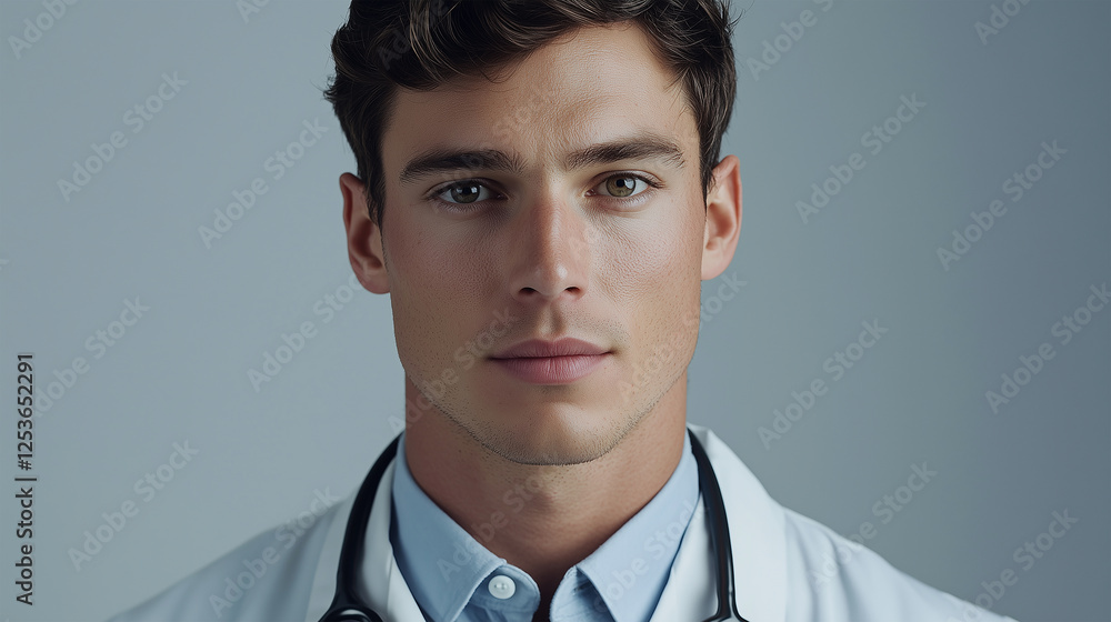 Young Caucasian Male Doctor in a White Coat with a Stethoscope, Looking Professional and Focused Against a Neutral Background, Representing Modern Healthcare and Medical Expertise Young Caucasian Male Doctor in a White Coat with a Stethoscope, Looking Professional and Focused Against a Neutral Background, Representing Modern Healthcare and Medical Expertise