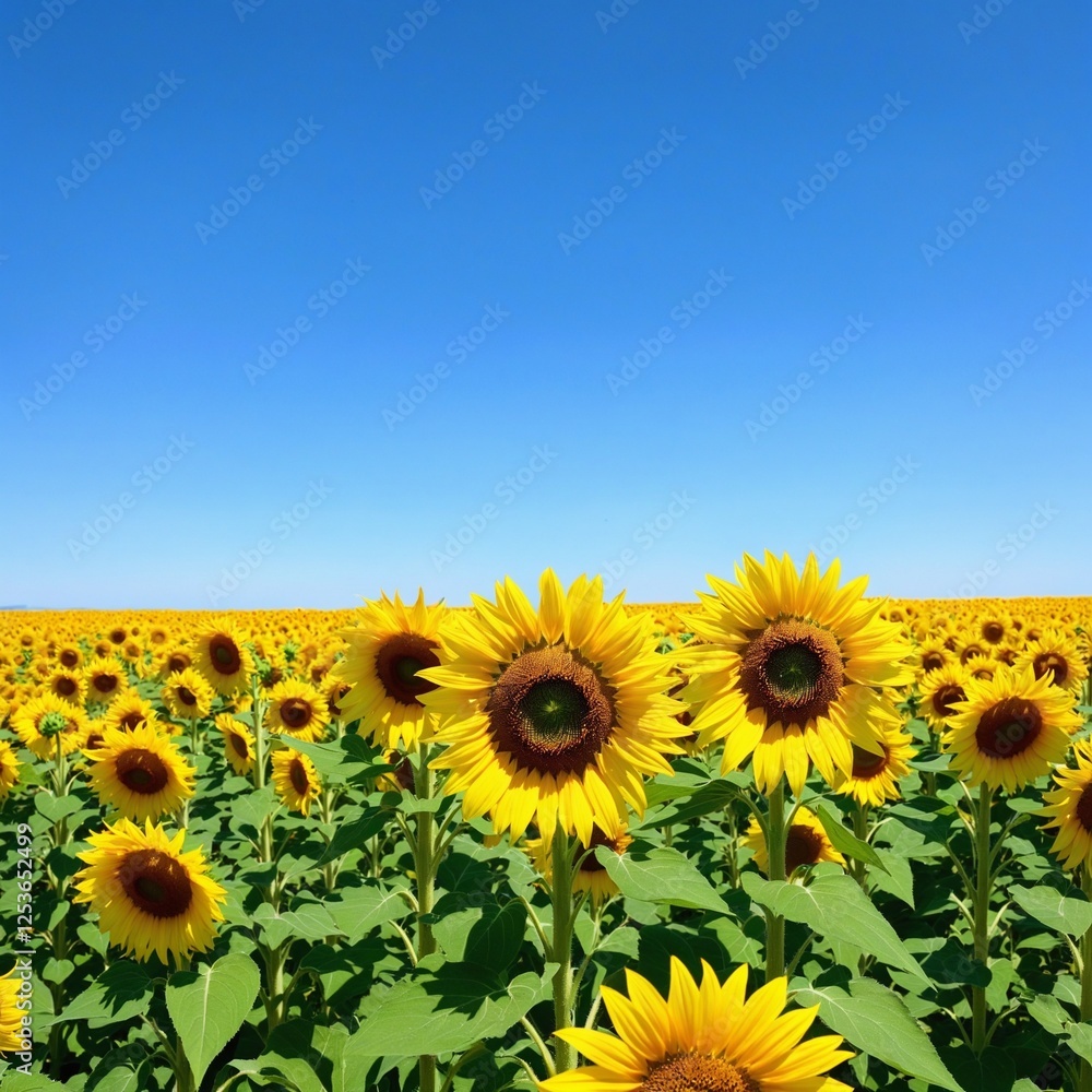 Fototapeta premium A vibrant landscape of blooming sunflowers against a bright azure sky.