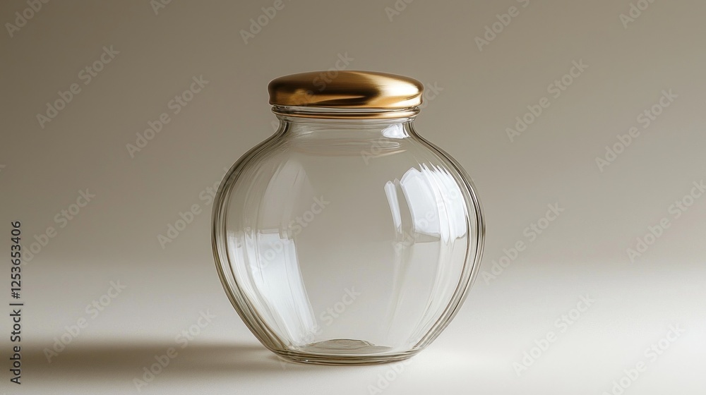 Empty clear glass jar with gold lid on simple background for food storage Empty clear glass jar with gold lid on simple background for food storage
