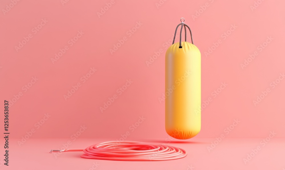 Obraz premium Yellow punching bag, jump rope, pink background; fitness, workout concept