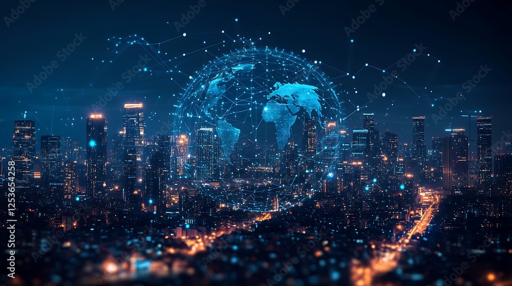 Obraz premium Futuristic Cityscape with Digital Globe Overlay