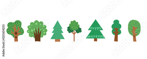 Hand drawn tree vector forest wood elements. Children kid collection with natural spruce, apple tree. 