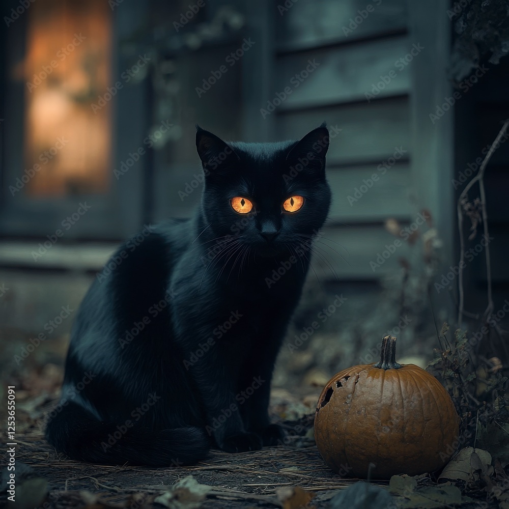 Black Cat With Glowing Eyes And Pumpkin In Dark Woods. Keywords black cat, halloween, pumpkin, spooky, dark, orange, yellow eyes, sitting cat, autumn, fall, creepy, mystery, shadowy, rustic, woods Black Cat With Glowing Eyes And Pumpkin In Dark Woods. Keywords black cat, halloween, pumpkin, spooky, dark, orange, yellow eyes, sitting cat, autumn, fall, creepy, mystery, shadowy, rustic, woods