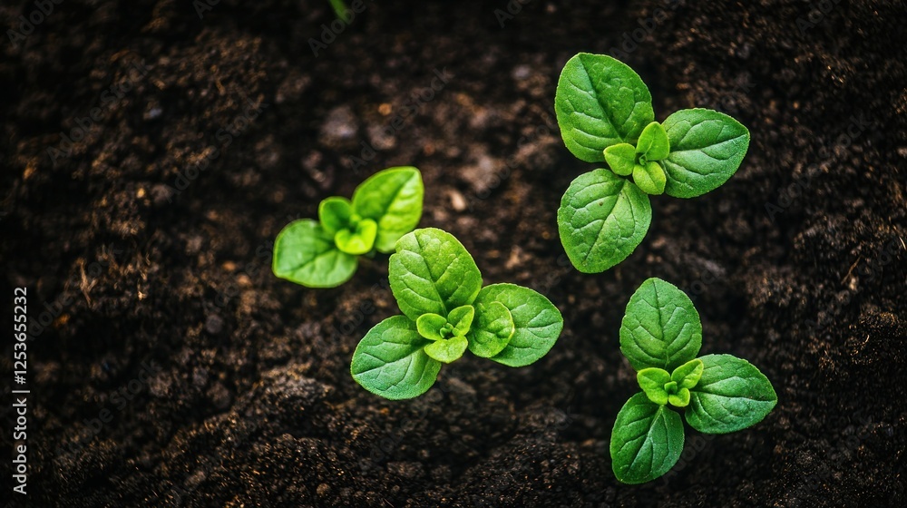 Young plants sprout in dark soil, overhead view, growth, nature Young plants sprout in dark soil, overhead view, growth, nature