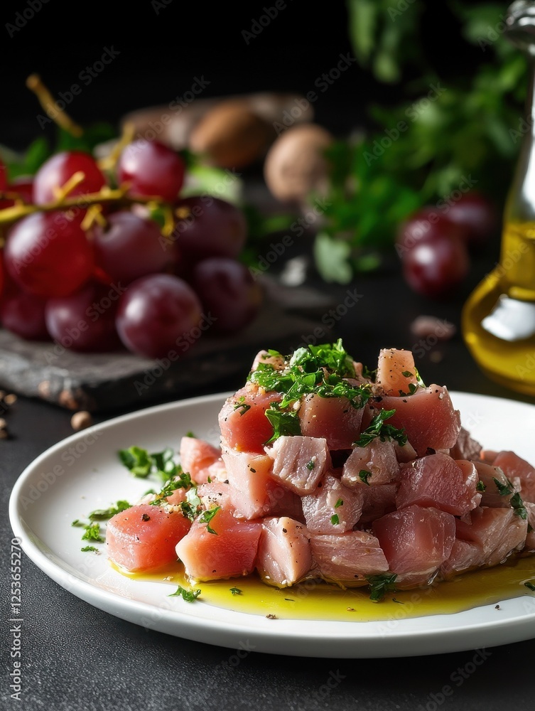 Delicious appetizer with tuna salad, grapes and olive oil in a background Delicious appetizer with tuna salad, grapes and olive oil in a background