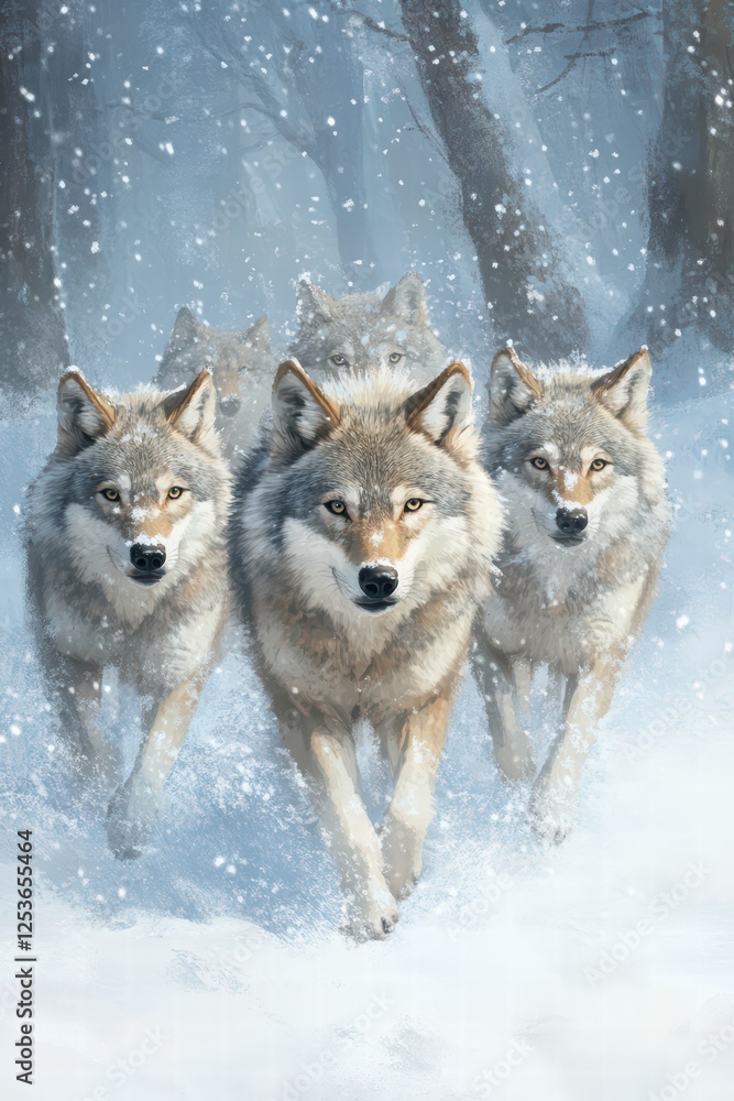 Obraz premium Majestic Wolves Running Through Snowy Forest Landscape
