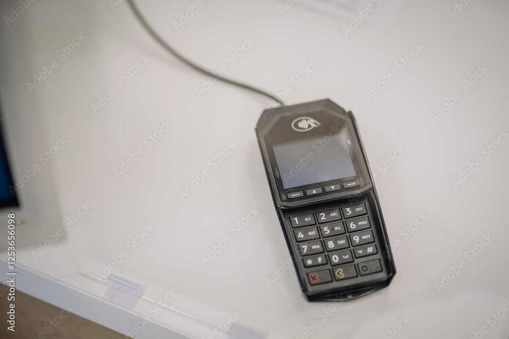 A close-up of a payment terminal with a numeric keypad on a white counter, used for card transactions. A close-up of a payment terminal with a numeric keypad on a white counter, used for card transactions.