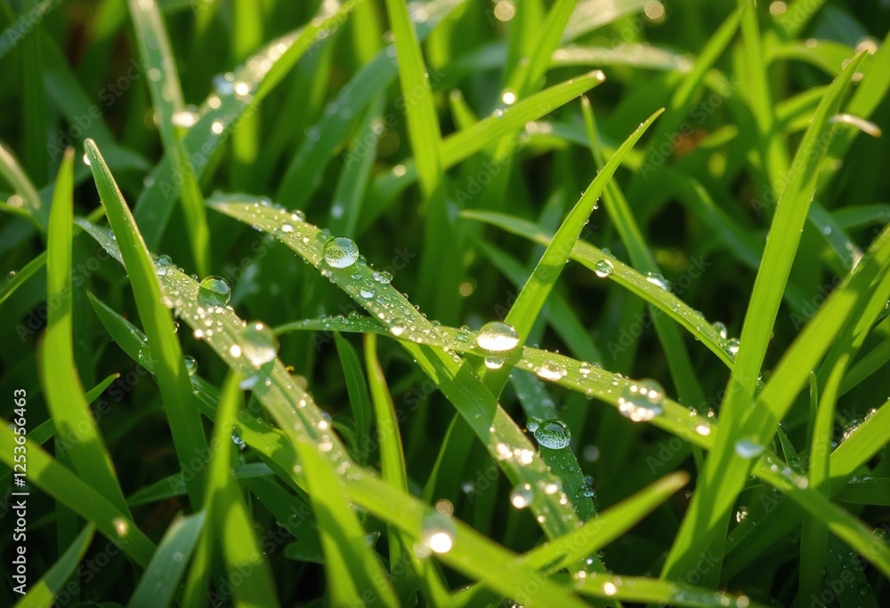 Radiant droplets on vibrant spring foliage and lush blades of grass Radiant droplets on vibrant spring foliage and lush blades of grass