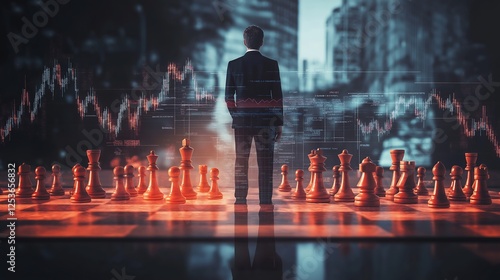 A business leader standing in front of a chessboard with financial symbols, symbolizing strategic planning.