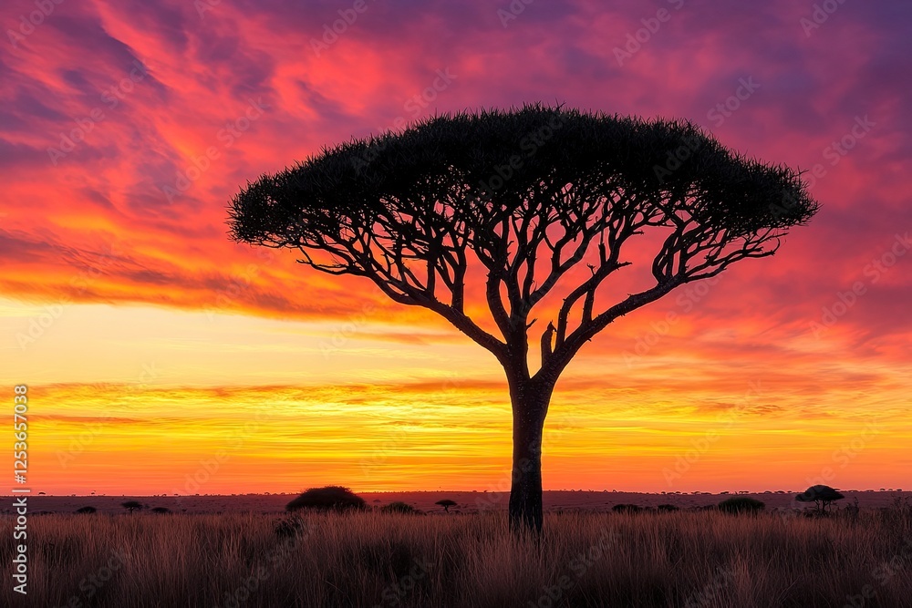 Majestic silhouette of an acacia tree against a vibrant sunset sky in an open savannah landscape Majestic silhouette of an acacia tree against a vibrant sunset sky in an open savannah landscape