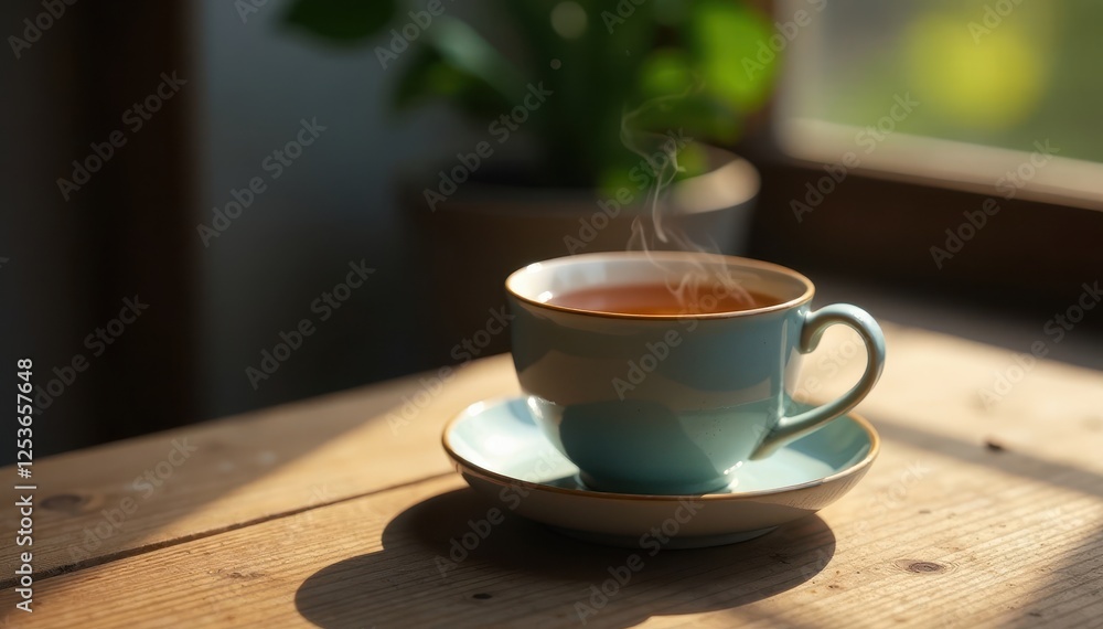 Ceramic cup with steaming hot tea on a wooden table, ceramic, subtle, warm