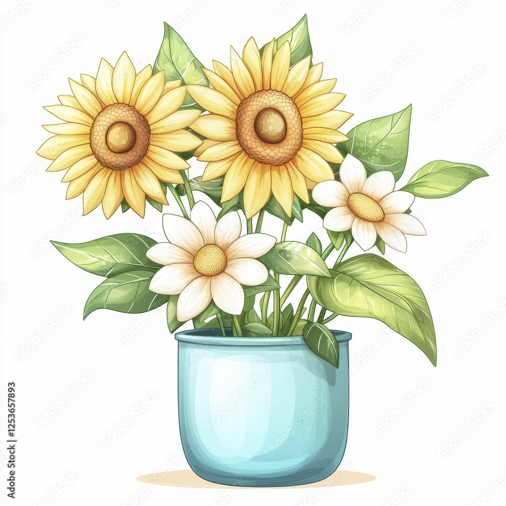 Whimsical Bouquet Of Sunflowers And Daisies In A Light Blue Vase Whimsical Bouquet Of Sunflowers And Daisies In A Light Blue Vase