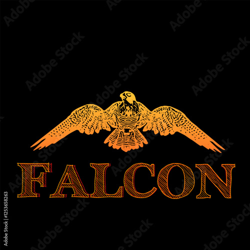 A symmetrical falcon design with both wings stretched out, appearing as a heraldic emblem. The rich golden-brown tones add a regal touch. The strong, serif-style