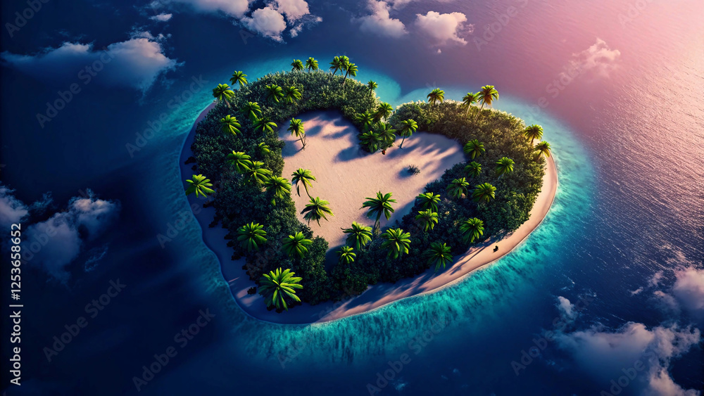 Fototapeta premium A beautiful heart-shaped island with dense greenery and sandy shores, nestled in the tranquil blue waters, offering a perfect escape to nature's romantic retreat