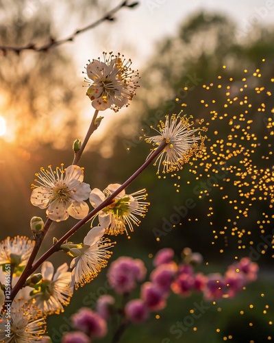 Pollen grains floating in the air, illuminated by sunlight against a blurred background of flowers and trees, symbolizing hay fever and seasonal allergies in spring.