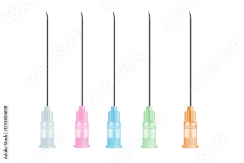 Tip of a Stainless Needle tube many color isolated on white. Geen, white, orange, pink, blue. Part of medical equipment. Aesthetic and doctor used to injection, piercing skin, cut tissue and treatment