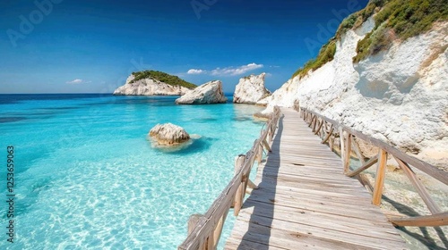 Wooden boardwalk to turquoise beach, Greece. Summer vacation travel