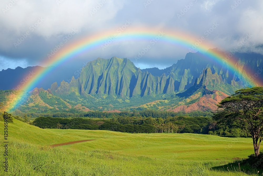 Vibrant rainbow arching over lush green mountains, capturing nature's beauty in a serene landscape Vibrant rainbow arching over lush green mountains, capturing nature's beauty in a serene landscape