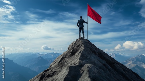 A determined entrepreneur standing on a mountain peak, symbolizing a growth mindset in business.
