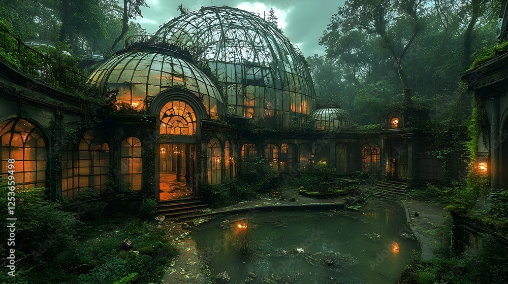 Fototapeta premium A colossal glass dome, shattered and covered in moss, once a utopian biodome.