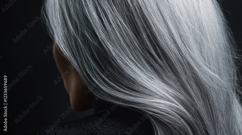 Naklejka premium Back view of senior mature middle aged older Asian lady with long gray natural coloring vibrant silky hair. Dry hair replenishing healing treatment for women after menopause advertising concept.