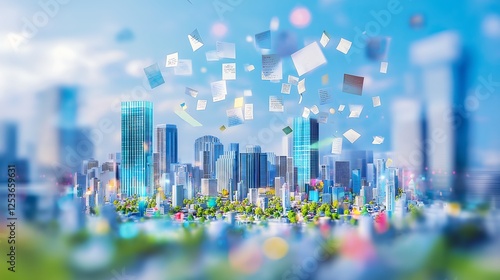 A futuristic city with holographic business plans floating in the air, representing vision and creativity.