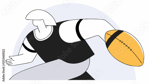 A stylized illustration depicts a rugby player in motion, clutching a yellow rugby ball. The use of bold lines and monochrome colors highlights the dynamic movement of the athlete.AI