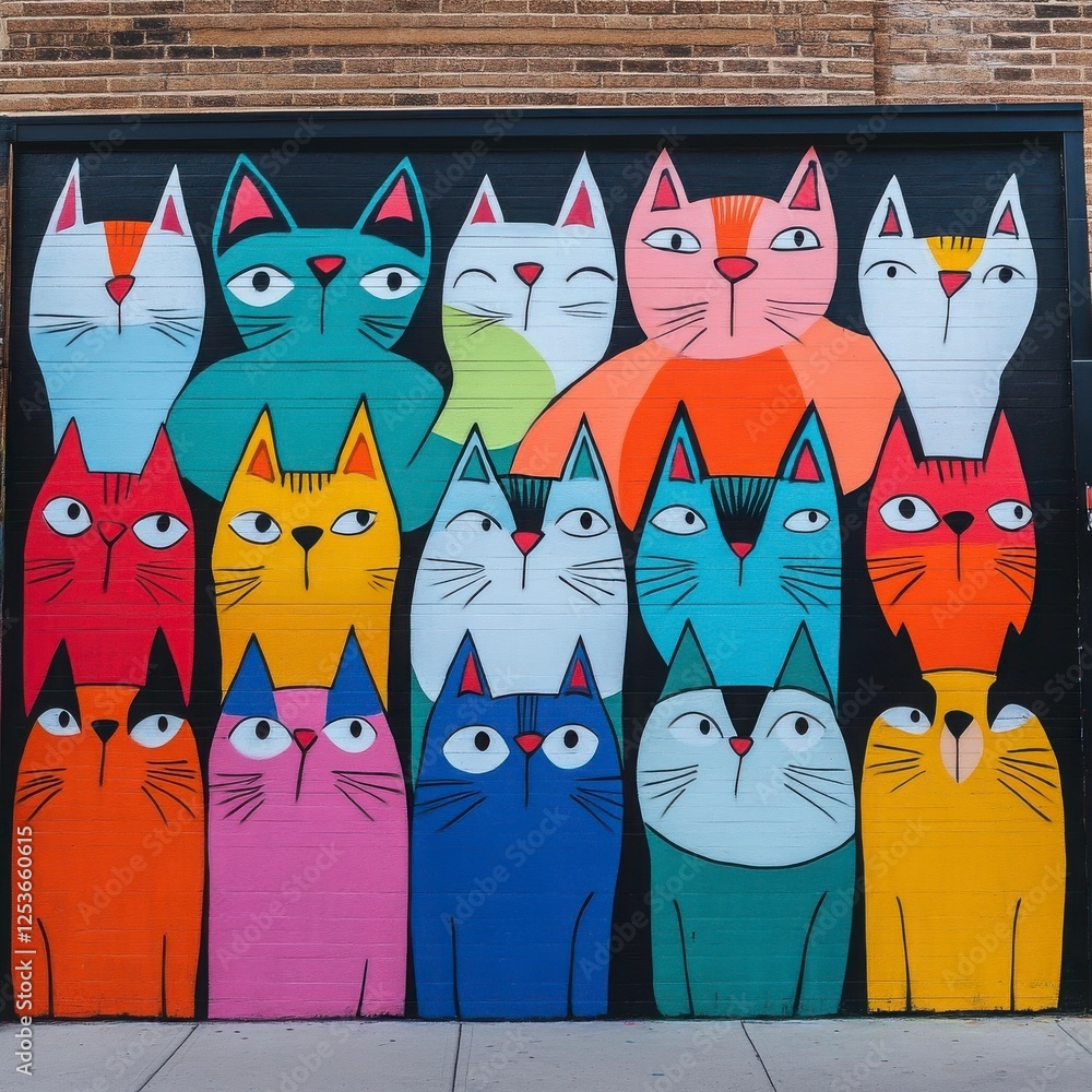 Naklejka premium Colorful Mural Featuring Many Cats On A Brick Wall with Bright Colors and Patterns and Animals and Figures and Illustrations and Graphics. Urban Street Art Mural with Diverse Characters and Bold