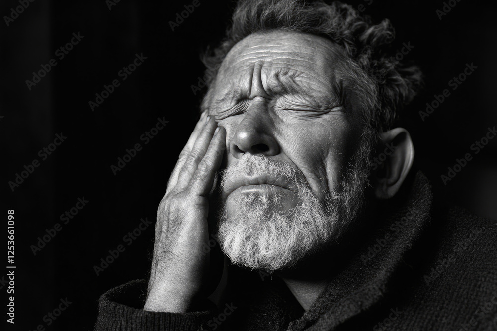 Dramatic black and white portrait of a senior man with closed eyes touching his face, suffering from loneliness and depression Dramatic black and white portrait of a senior man with closed eyes touching his face, suffering from loneliness and depression