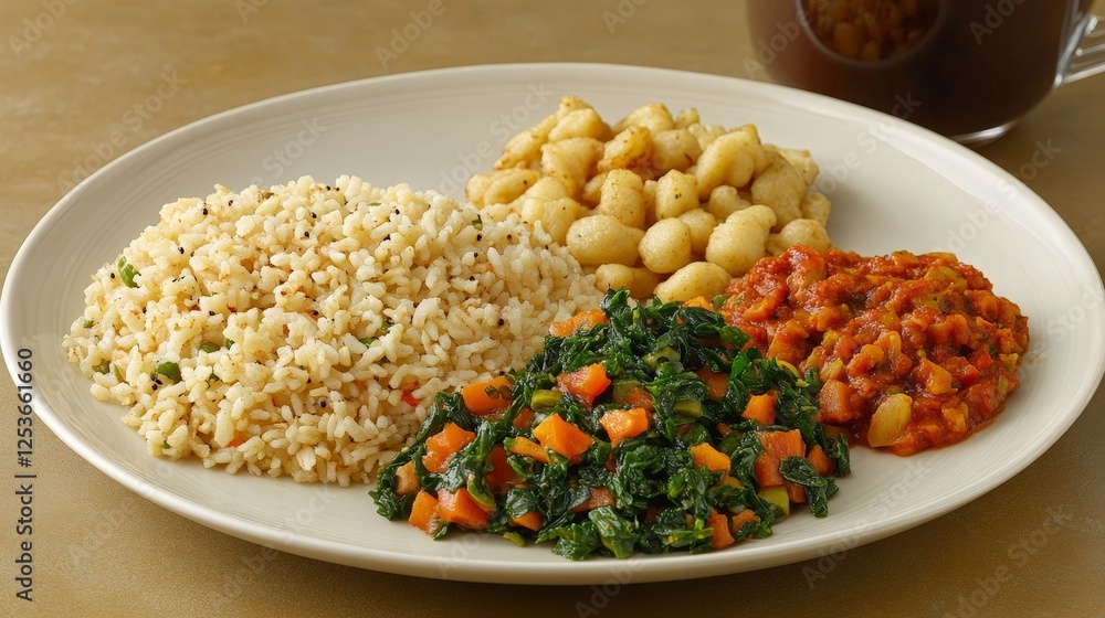 Delicious Vegetarian Plate: Rice, Curry, Greens & Dumplings Delicious Vegetarian Plate: Rice, Curry, Greens & Dumplings