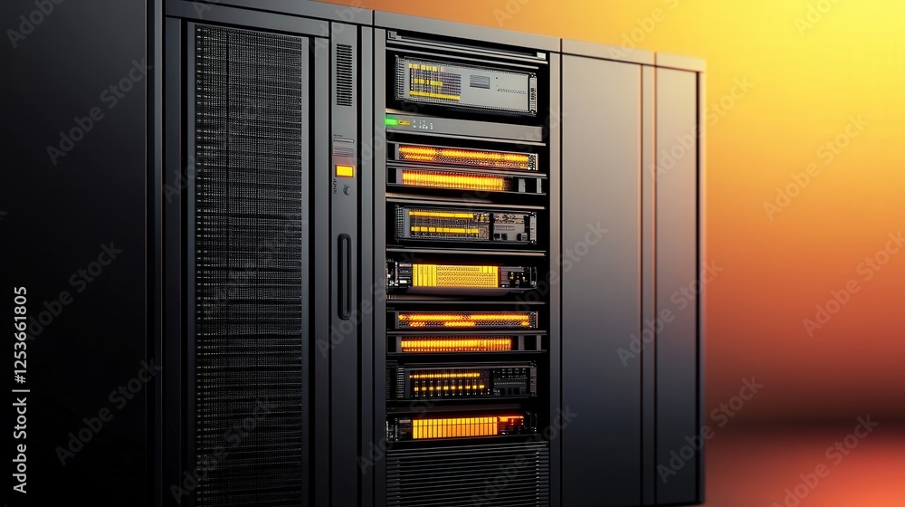Modern Server Rack with Bright Orange Lights and Sleek Black Design Modern Server Rack with Bright Orange Lights and Sleek Black Design