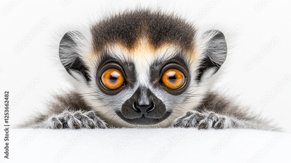 Close-Up Portrait of a Curious Lemur with Large Orange Eyes and Soft Fur against White Background Close-Up Portrait of a Curious Lemur with Large Orange Eyes and Soft Fur against White Background