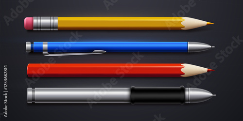 Set of Realistic 3D Pencils and Elegant Ball Pens Isolated in dark Background as School Items.